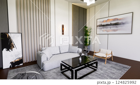 Modern Grey Sofa Living Room Interior with Wooden Accents 3D Render 124825992