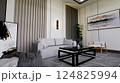 Modern Gray Living Room Interior with Wooden Paneling 3D Render 124825994