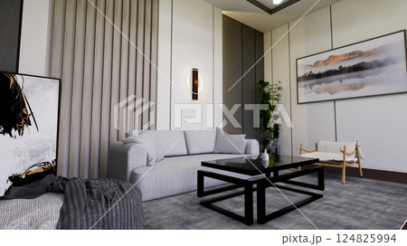 Modern Gray Living Room Interior with Wooden Paneling 3D Render Modern Gray Living Room Interior with Wooden Paneling 3D Render 124825994