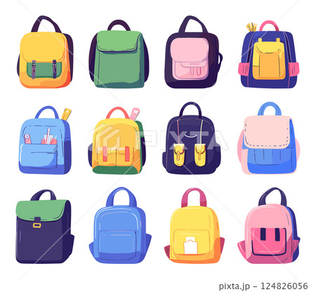School Backpack Flat Vector Icons Set Featuring A Variety Of Colorful And Stylish Backpacks Including Different Shapes Sizes And Designs Classic Designs Modern Trendy 124826056
