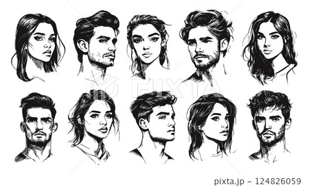 Portraits of Beautiful Men and Women in Comic Book Style Stylized Comic Characters Hand-drawn Comic Book Faces Male and Female Portraits Bold Lines and Dynamic Colors Comic Style 124826059