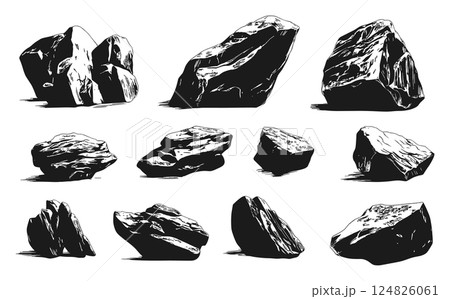Natural Rocks Icons Set Black and White Linocut Print Style Geology Stones Minerals Landscape Nature Illustrations Earth Icons Rough Textures Rock Formations 124826061