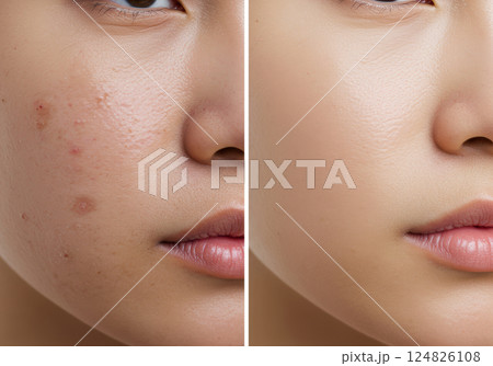 頬のクローズアップで見る肌荒れの改善ビフォーアフター(AI生成画像) 頬のクローズアップで見る肌荒れの改善ビフォーアフター(AI生成画像) 124826108