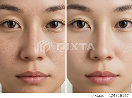 シミ・毛穴の変化をとらえた美容効果の比較ビフォーアフター（AI生成画像） 124826137
