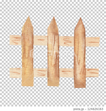 Wooden fence. Watercolor illustration, hand drawn, isolated on a white background. Fence for rural areas, houses, villas, farm decor, vegetable garden. Border made of wooden boards. For design, print 124826163