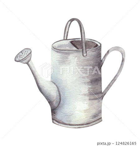 Metal watering can for watering plants. Gardening tools, hand drawn in watercolor, isolated on a white background. Illustration in vintage style. Water container Metal watering can for watering plants. Gardening tools, hand drawn in watercolor, isolated on a white background. Illustration in vintage style. Water container 124826165