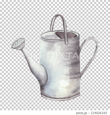 Metal watering can for watering plants. Gardening tools, hand drawn in watercolor, isolated on a white background. Illustration in vintage style. Water container Metal watering can for watering plants. Gardening tools, hand drawn in watercolor, isolated on a white background. Illustration in vintage style. Water container 124826165