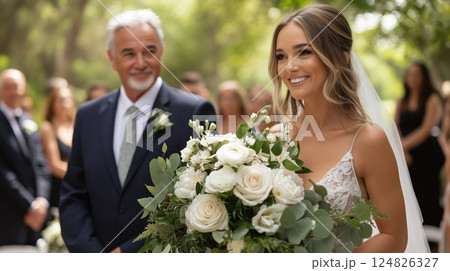 Bride with bouquet and elderly man at outdoor wedding ceremony 124826327