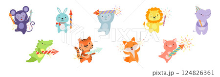 Cute Animal with Fireworks Enjoying Holiday Celebration Vector Set 124826361
