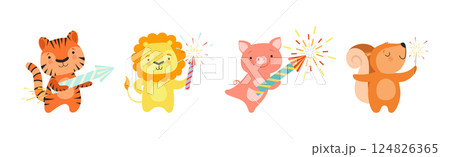 Cute Animal with Fireworks Enjoying Holiday Celebration Vector Set Cute Animal with Fireworks Enjoying Holiday Celebration Vector Set 124826365