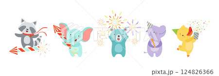 Cute Animal with Fireworks Enjoying Holiday Celebration Vector Set 124826366