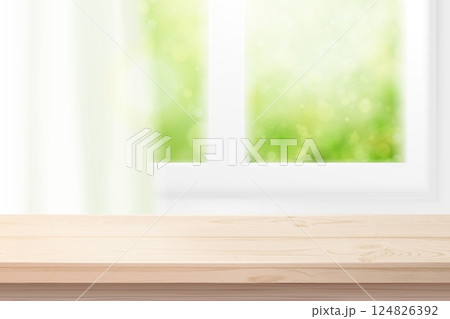 Wooden table blur. Realistic wood surface with window bokeh blurred background room spring nature, kitchen desk table top counter floor perspective view exact vector illustration Wooden table blur. Realistic wood surface with window bokeh blurred background room spring nature, kitchen desk table top counter floor perspective view exact vector illustration 124826392