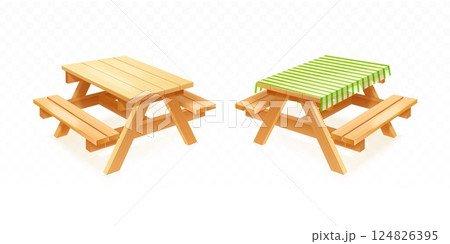 Realistic picnic table. 3d wooden table with tablecloth and wood bench summer camping bbq grill spring dinner on nature backyard garden outdoor furniture exact vector illustration 124826395