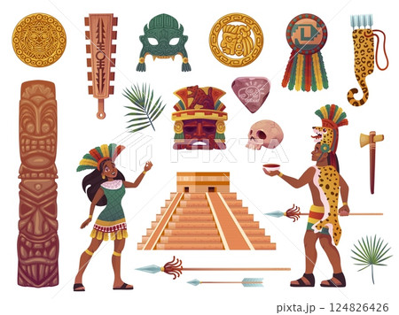 Maya civilization. Mayan aztec inca culture elements, mexico peru teotihuacan ancient archeology artifact statue indian god totem pyramid, cartoon set swanky vector illustration 124826426