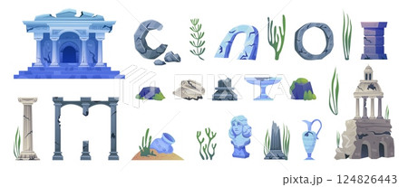 Atlantis ruin. Underwater lost city sunken old town ruins ancient building ruined monument on ocean bottom undersea broken column, adventure sea game set swanky vector illustration Atlantis ruin. Underwater lost city sunken old town ruins ancient building ruined monument on ocean bottom undersea broken column, adventure sea game set swanky vector illustration 124826443