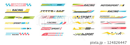 Racing car stripes. Speed race cars motosport line strip stickers, auto motorcycle side decal bars design motorbike flag stickers checker pattern cartoon classy vector illustration 124826447