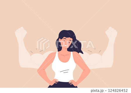 Women strength concept. Woman powerful gesture, female power inner spirit strong body positive girl success boss professional mother business confident leader vector illustration Women strength concept. Woman powerful gesture, female power inner spirit strong body positive girl success boss professional mother business confident leader vector illustration 124826452
