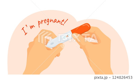 Pregnancy test in hand. Pregnant woman hands hold testing stick with positive accurate result, mother female health fertility planning cartoon feminine pharmacy vector illustration Pregnancy test in hand. Pregnant woman hands hold testing stick with positive accurate result, mother female health fertility planning cartoon feminine pharmacy vector illustration 124826453
