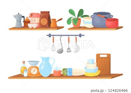 Cartoon kitchen shelf. Cooking organized shelves with kitchenware utensils, hanging cook tools restaurant interior shelfs pan bowl cup dish coffee pot cutlery vector illustration 124826466
