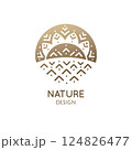 Vector logo of nature - trees, sun, river. Linear icon of landscape. Business emblem, badge for a travel, farming and ecology, health and yoga 124826477