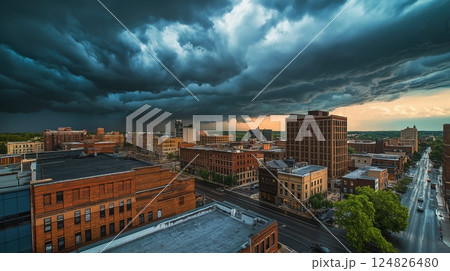 Dark storm clouds rolling over a city skyline 124826480
