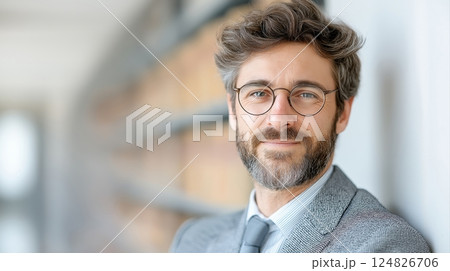 Professional Man in Gray Suit with Glasses Smiling in Modern Office with Bookshelf in Background Professional Man in Gray Suit with Glasses Smiling in Modern Office with Bookshelf in Background 124826706