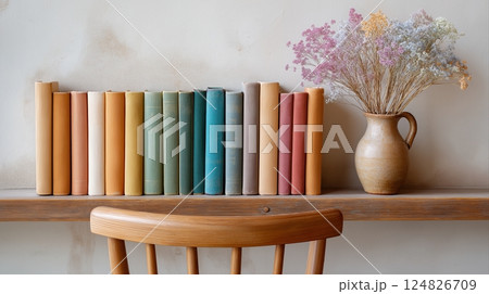 Cozy Shelf with Vintage Books and Dried Flowers in a Minimalist Interior Setting Cozy Shelf with Vintage Books and Dried Flowers in a Minimalist Interior Setting 124826709