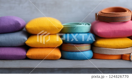 Colorful Fabric Pouches and Straps Stacked Neatly on a Light Wood Surface for Creative Projects Colorful Fabric Pouches and Straps Stacked Neatly on a Light Wood Surface for Creative Projects 124826770