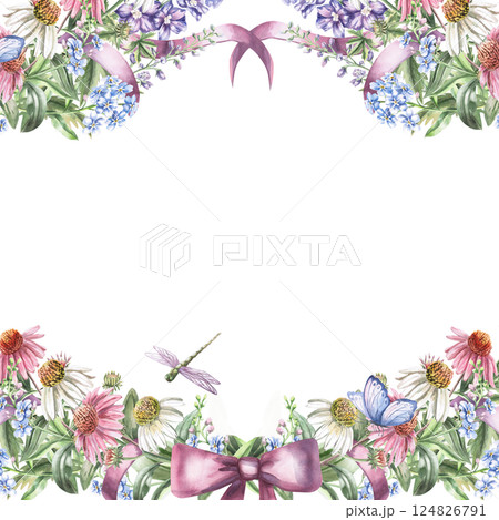 Square frame with flowers, ribbon, bow, dragonfly and butterfly. Isolated watercolor illustration of garden flowers for design of cosmetic products, printing on posters, clothes. Square frame with flowers, ribbon, bow, dragonfly and butterfly. Isolated watercolor illustration of garden flowers for design of cosmetic products, printing on posters, clothes. 124826791