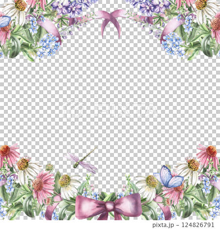Square frame with flowers, ribbon, bow, dragonfly and butterfly. Isolated watercolor illustration of garden flowers for design of cosmetic products, printing on posters, clothes. Square frame with flowers, ribbon, bow, dragonfly and butterfly. Isolated watercolor illustration of garden flowers for design of cosmetic products, printing on posters, clothes. 124826791