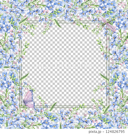 Square frame with forget-me-not flowers, dragonfly and butterfly. Isolated watercolor illustration of garden flowers for design of cosmetic products, printing on posters, clothes. 124826795