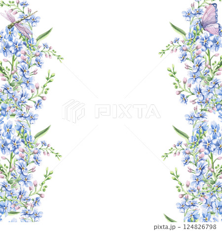 Square frame with delicate forget-me-not flowers, dragonfly and butterfly. Isolated watercolor illustration of garden flowers for design of cosmetic products, printing on posters, clothes. 124826798