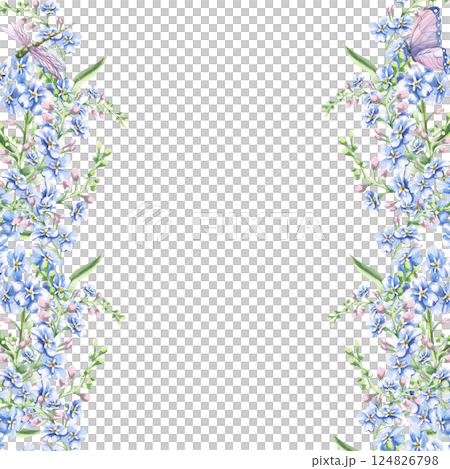 Square frame with delicate forget-me-not flowers, dragonfly and butterfly. Isolated watercolor illustration of garden flowers for design of cosmetic products, printing on posters, clothes. 124826798