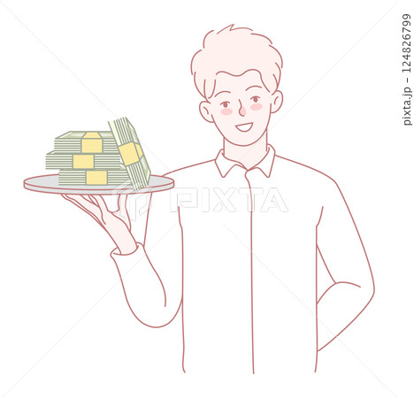 A Young Man Holding a Tray Filled with Money, Symbolizing Ambition and Prosperity 124826799
