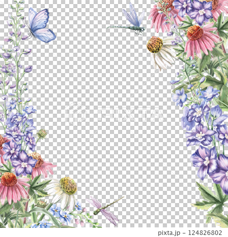 Square frame with bouquet, butterflies and dragonfly. Isolated watercolor illustration of garden flowers for design of cosmetic products, printing on posters, clothes 124826802