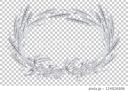 Oval wreath with rye ears and hop branches. Isolated pencil illustration on the harvest theme in a realistic style for the design of beer products, interiors and menus of bars and restaurants. 124826806