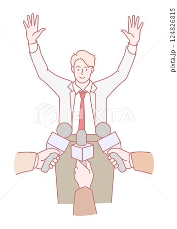 An Excited and Engaging Speaker Addressing the Media with Open Hands and Enthusiasm 124826815