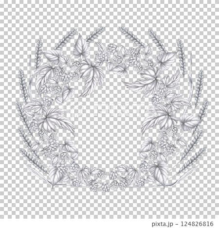 Round wreath with hop branches and rye ears. Isolated pencil illustration on the theme of beer in a realistic style for the design of beer products, interior and menu of bars and restaurants 124826816