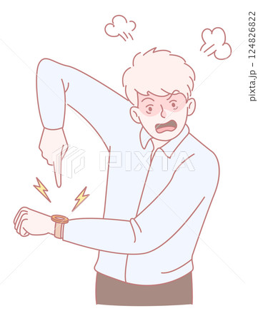 A Frustrated Man Checking the Time on His Smartwatch, Displaying Emotion and Concern A Frustrated Man Checking the Time on His Smartwatch, Displaying Emotion and Concern 124826822
