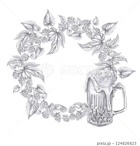Wreath of hop branches and a mug of foamy beer. Isolated pencil illustration in a realistic style for the design of pubs, labels, menus, cookbooks, signs. 124826823