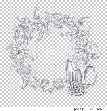 Wreath of hop branches and a mug of foamy beer. Isolated pencil illustration in a realistic style for the design of pubs, labels, menus, cookbooks, signs. 124826823