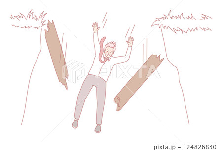 Dramatic and intense scene featuring a character facing peril under falling logs in a forest 124826830