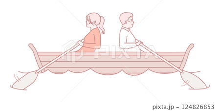 Two individuals joyfully rowing together in a small boat, enjoying their time on the water 124826853