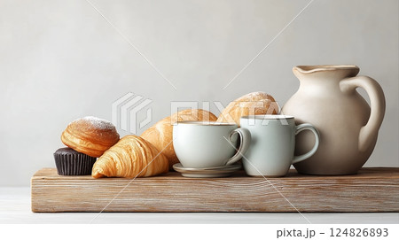 Freshly Baked Pastries and Cups of Coffee on Wooden Tray with Soft Gray Background 124826893