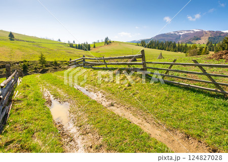 rural landscape with wooden fence. scenic farmland in valley. countryside nature on mountain with sky and cloud. grass field for pasture. green scenic forest on hill for outdoor travel 124827028