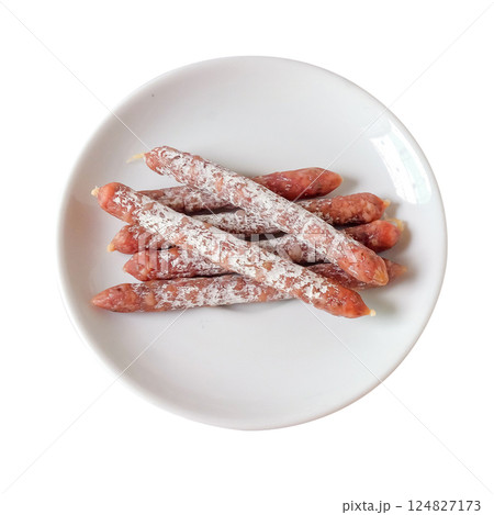 Cured salami sticks or Smoked sausage on white background. Cured salami sticks or Smoked sausage on white background. 124827173