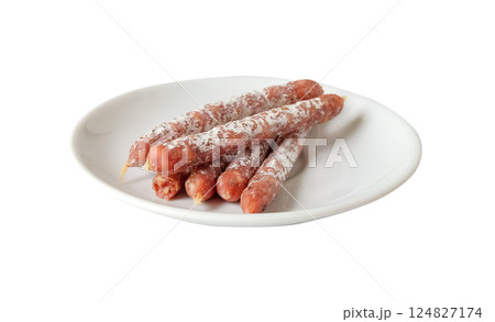Cured salami sticks or Smoked sausage on white background. 124827174