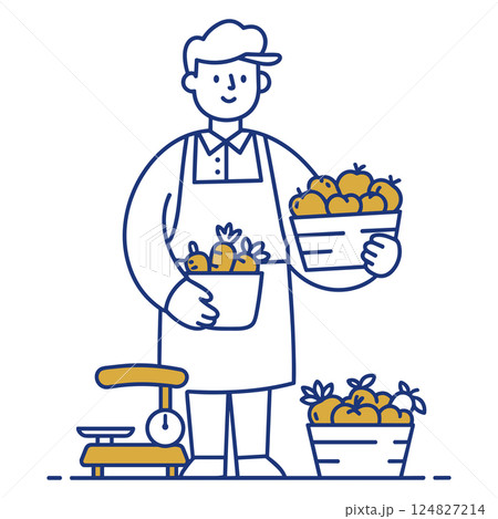 Farmer selling fresh fruits and vegetables at the market Farmer selling fresh fruits and vegetables at the market 124827214