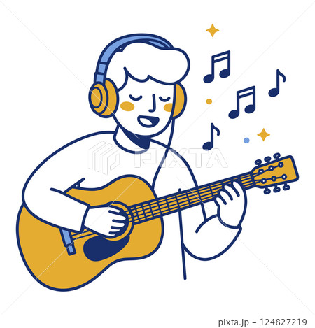 Man playing guitar while listening to music with headphones Man playing guitar while listening to music with headphones 124827219