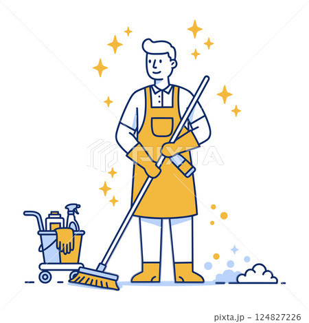 Cleaner with a Broom and Cleaning Cart 124827226